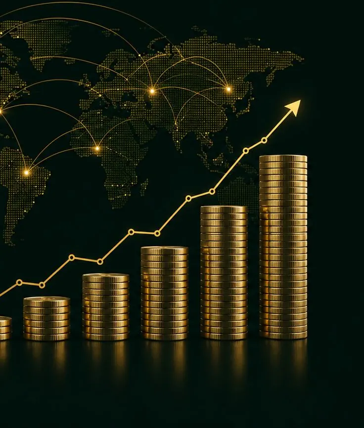 Rising stacks of gold coins over a world map