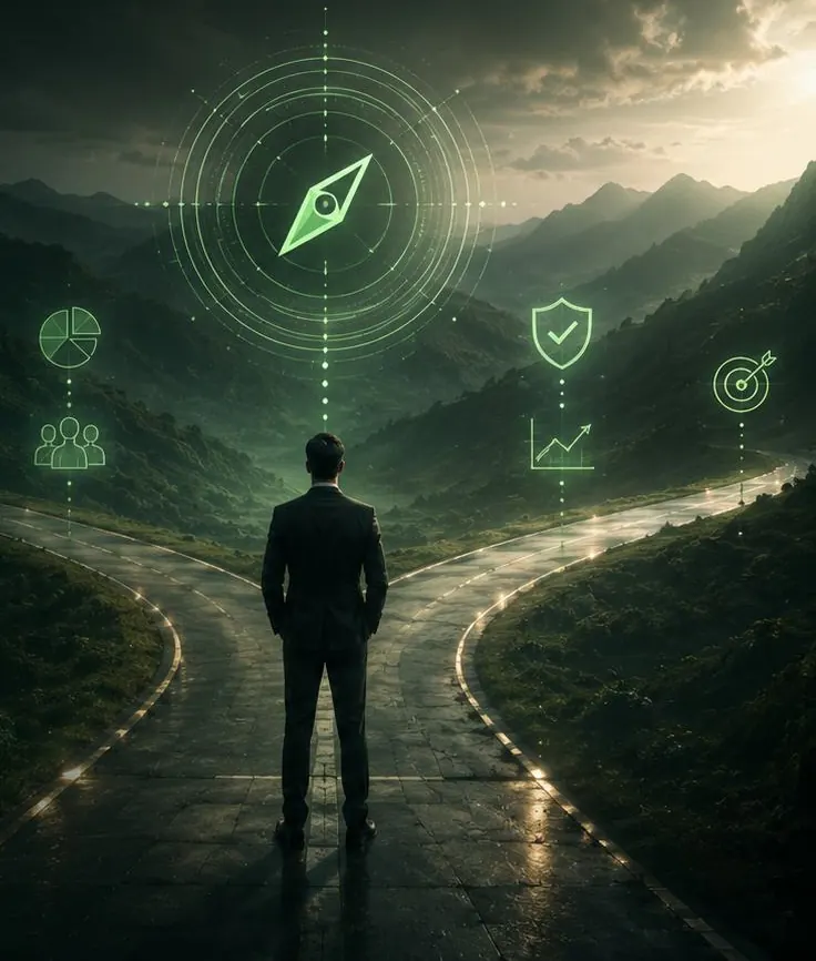 A leader standing where a path divides