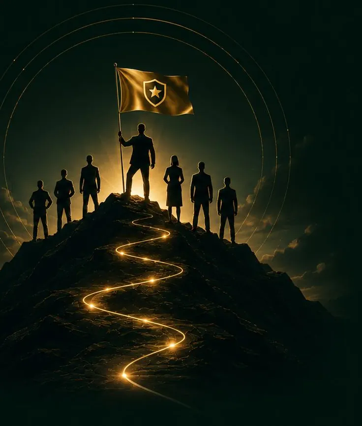 A team reaching a summit with a flag
