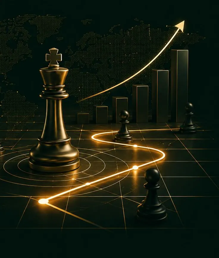 A gold chess king beside a rising path