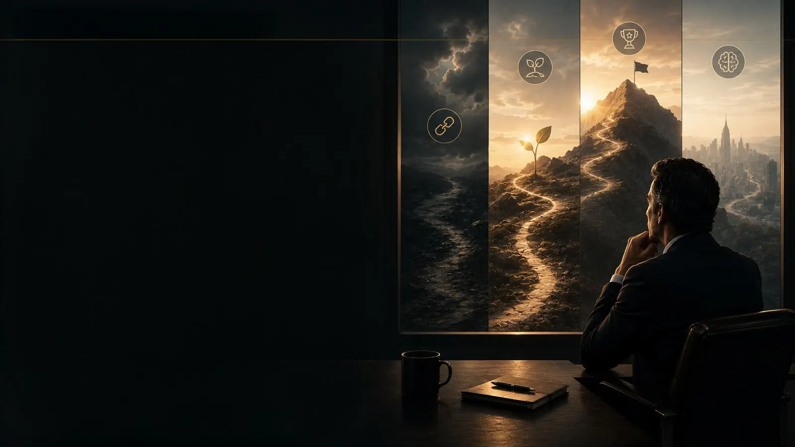 A leader at a window, considering a path through the mountains